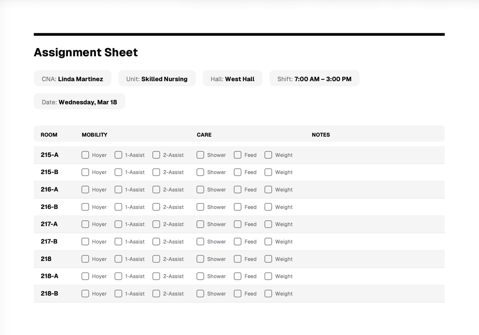 EvenBeds printed assignment sheet PDF