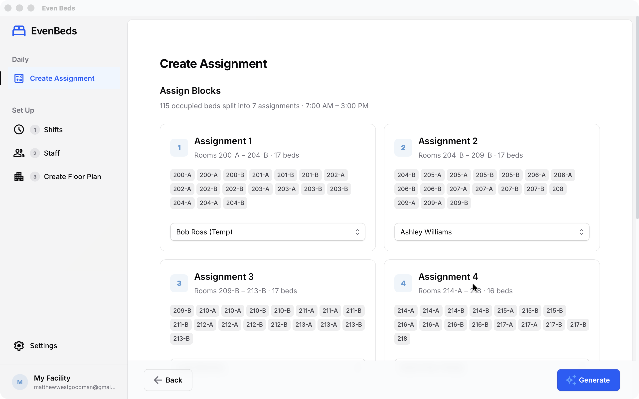 EvenBeds shift assignment balancing screen